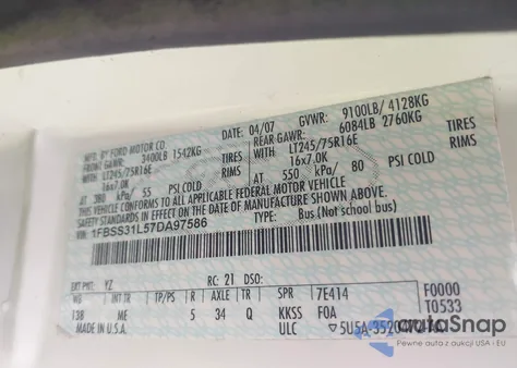 2007 Ford E-350 Super Duty Xl/Xlt from USA, damaged, VIN 1FBSS31L57DA97586